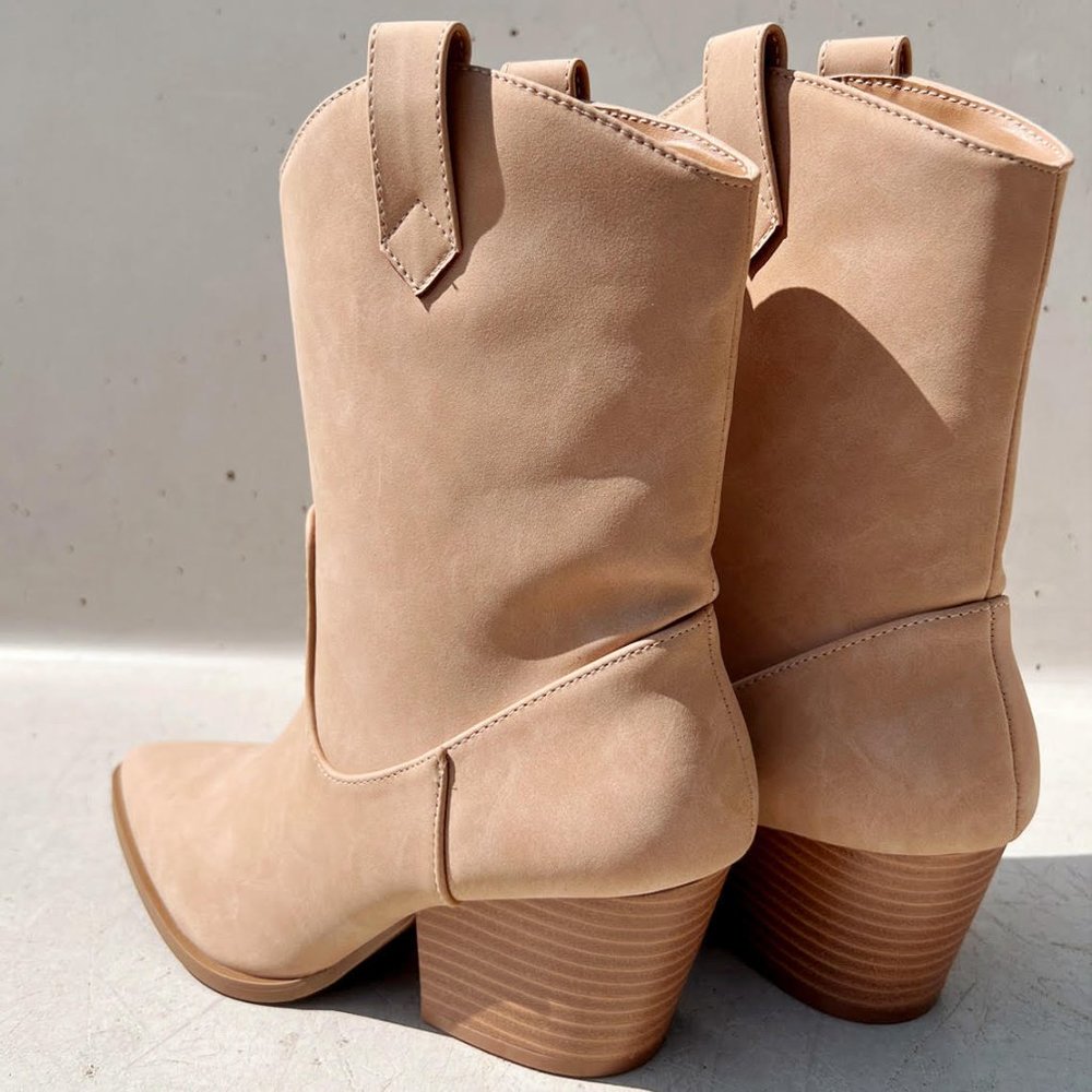 NEW Tan Distress Nubuck Faux Leather Pointy Toe Block Heel Western Ankle Boots - Picture 5 of 11